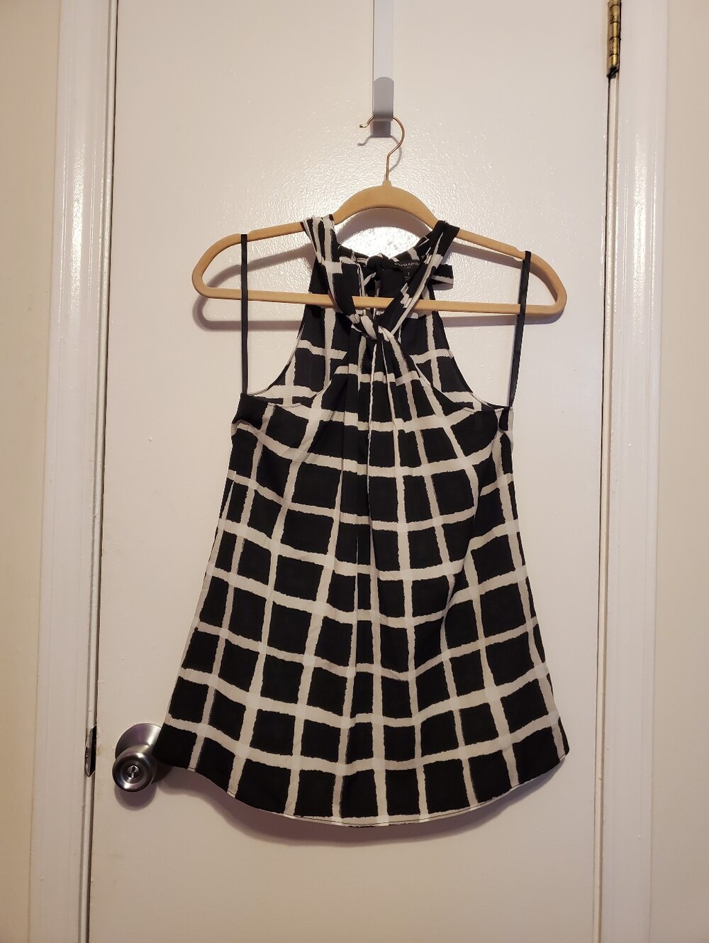 Banana Republic Black and White Grid Halter Tie Back Blouse
